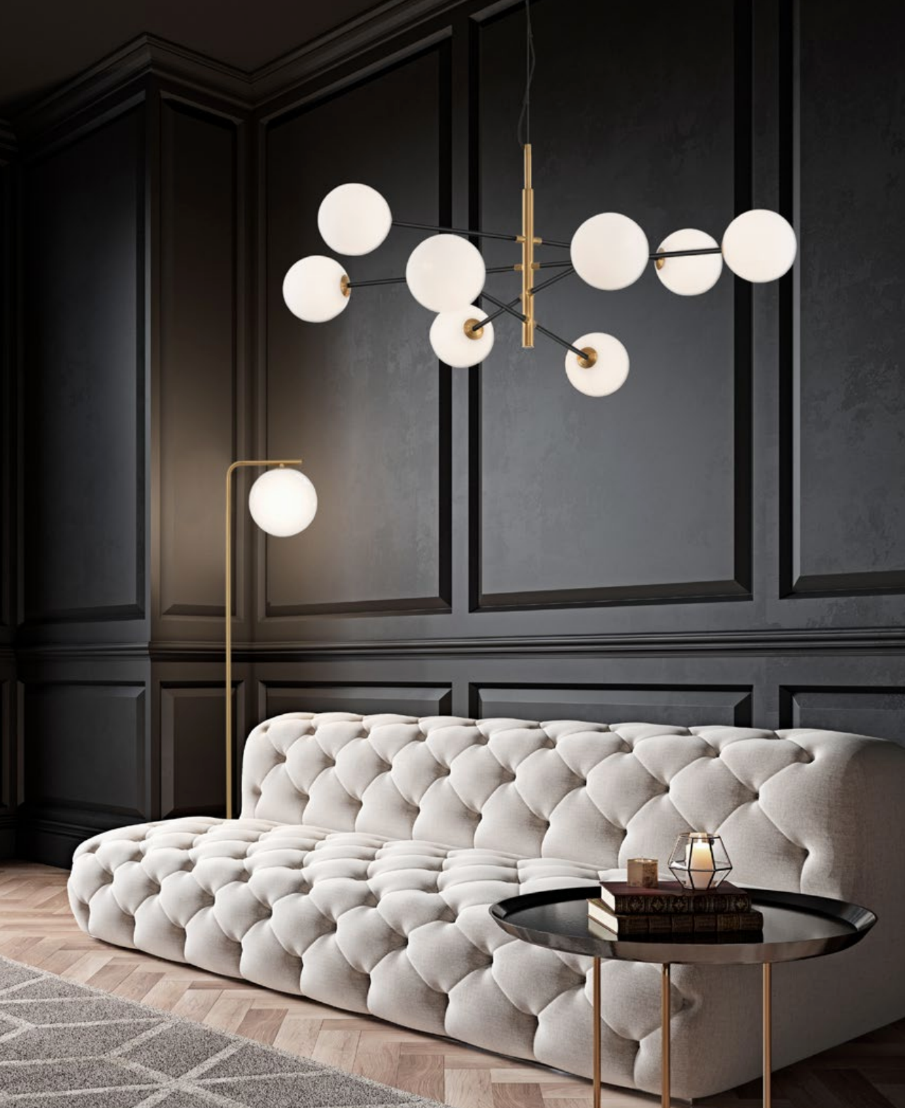 VIT Satin Brass & Black Rod 8 Arm Globe Chandelier -  ID 9952