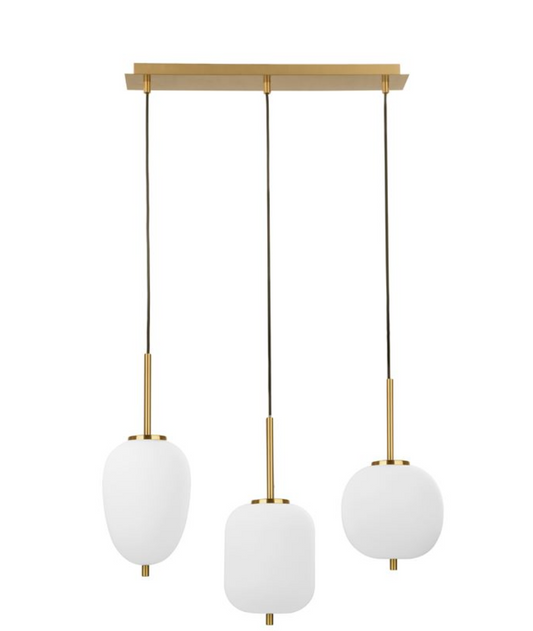 LAT Brass & Opal Glass Linear Triple Pendant  -  ID 9953