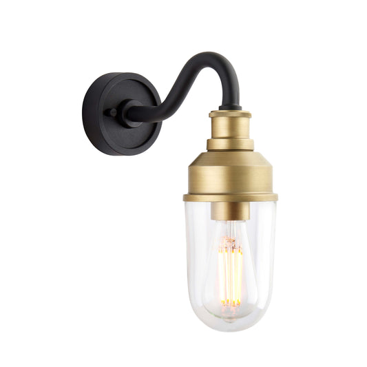 Matt Antique Brass Curved Arm Wall Light With Clear Glass  - ID 12497