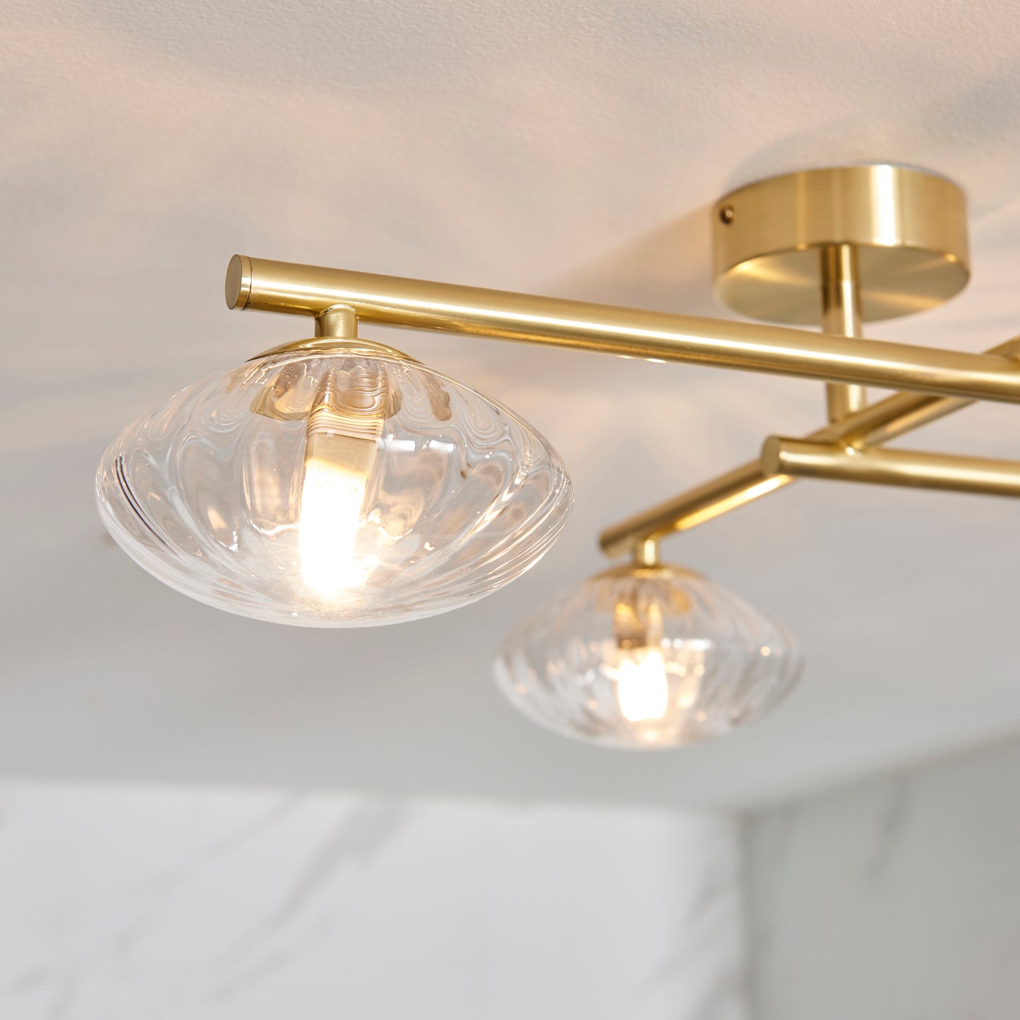 Satin Brass & Clear Ribbed Glass IP44 Semi-Flush Ceiling Light - ID 11534